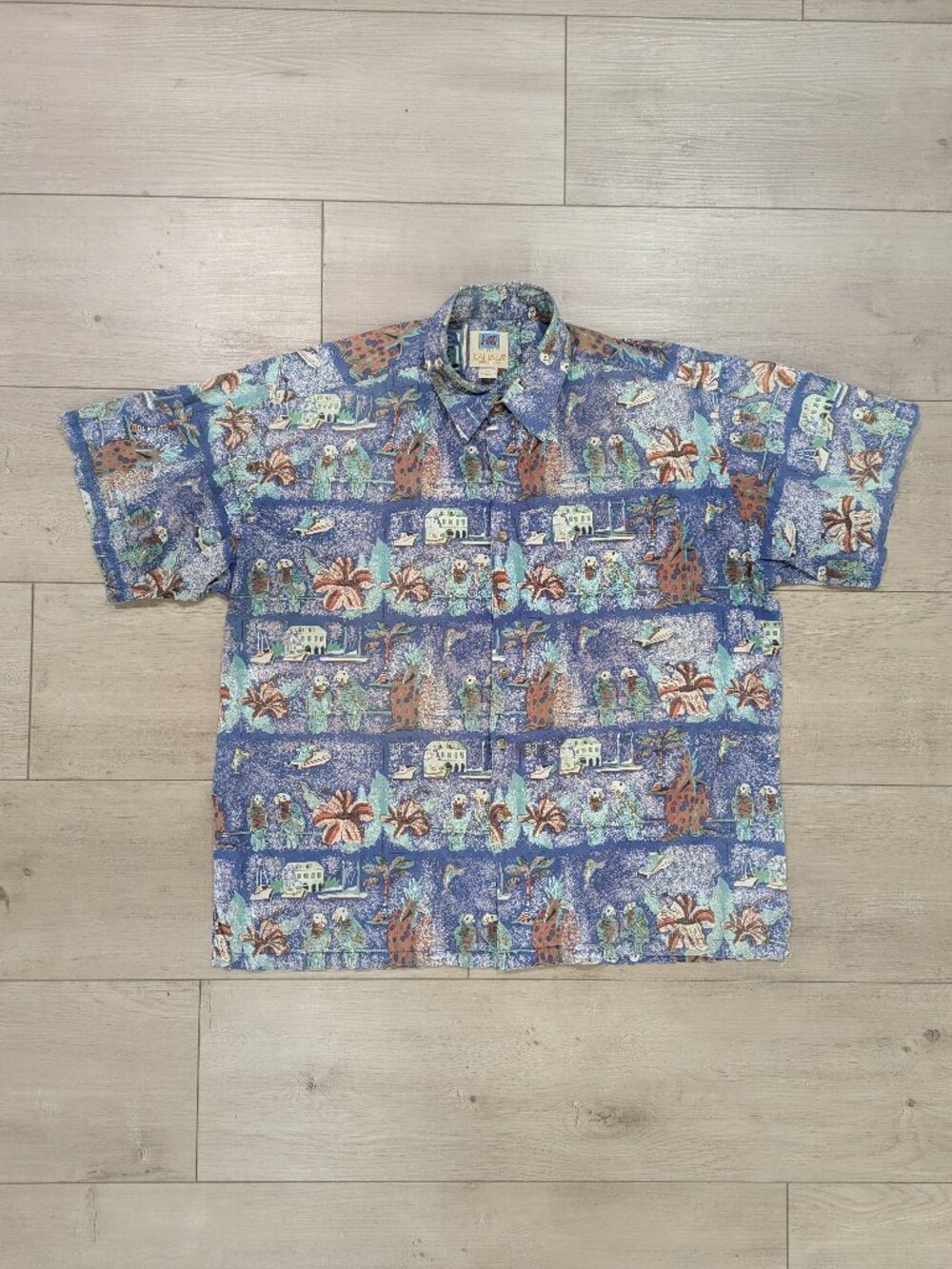 Kahala Hawaiian Shirt Mens XL Avi Collection Parrot Boat Button Blue Tropical